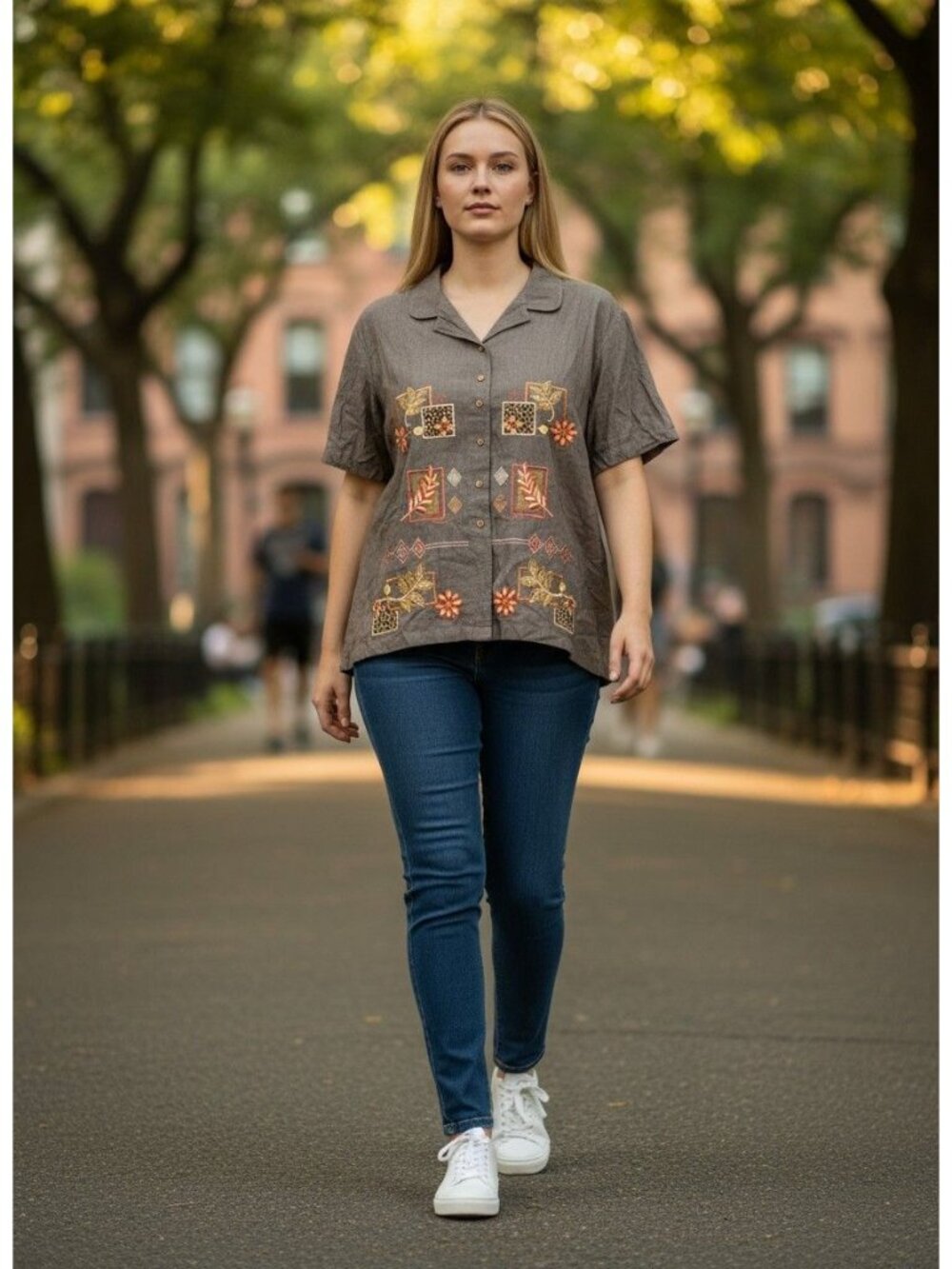 Bobbie Brooks Womens Brown Embroidered Button-Up Blouse 26W Floral Leopard Cotto